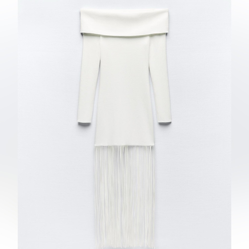 Zara Off-Shoulder Cream Fringe Long-Sleeve Dress - Picture 5 of 7